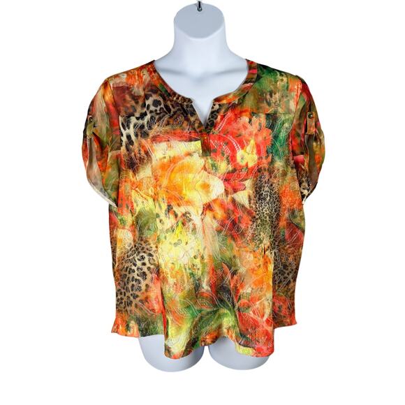 Chico's Top Womens 3 Multicolor Cheetah Floral Summer Surprise Mesh Overlay - Picture 1 of 12